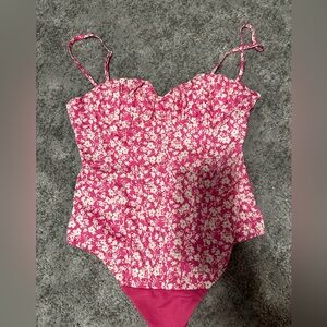 Zara Pink and White Bodysuit with Sweetheart Neckline